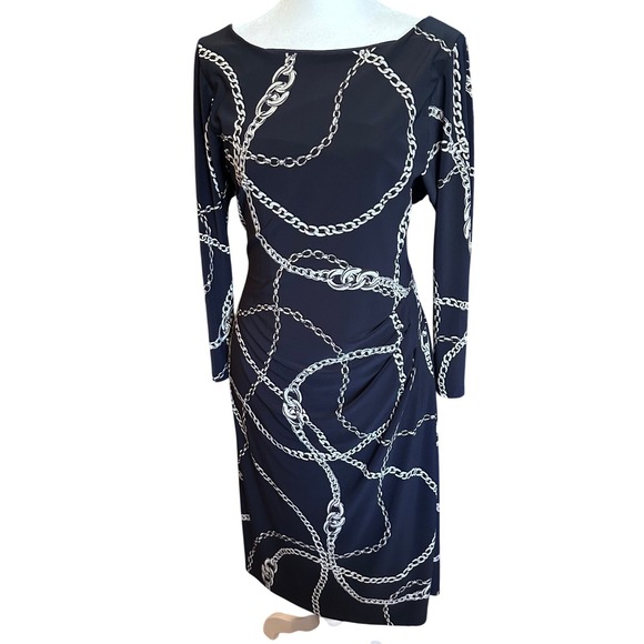 Lauren Ralph Lauren Dresses & Skirts - Lauren Ralph Lauren Navy Chain Link Print Ruched Sheath Dress Size 12 Boat Neck